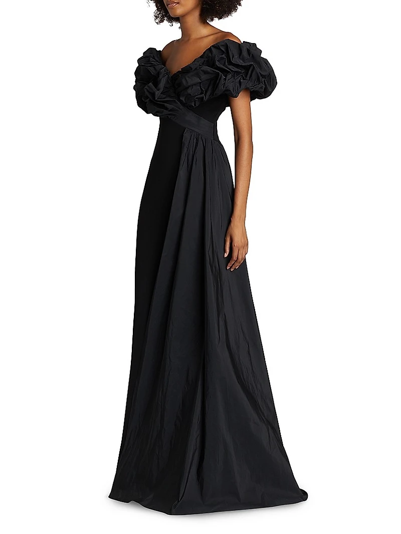 Scrunch Taffeta & Crêpe Off-the-Shoulder Gown