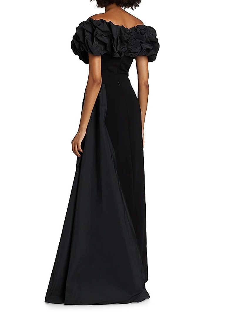 Scrunch Taffeta & Crêpe Off-the-Shoulder Gown