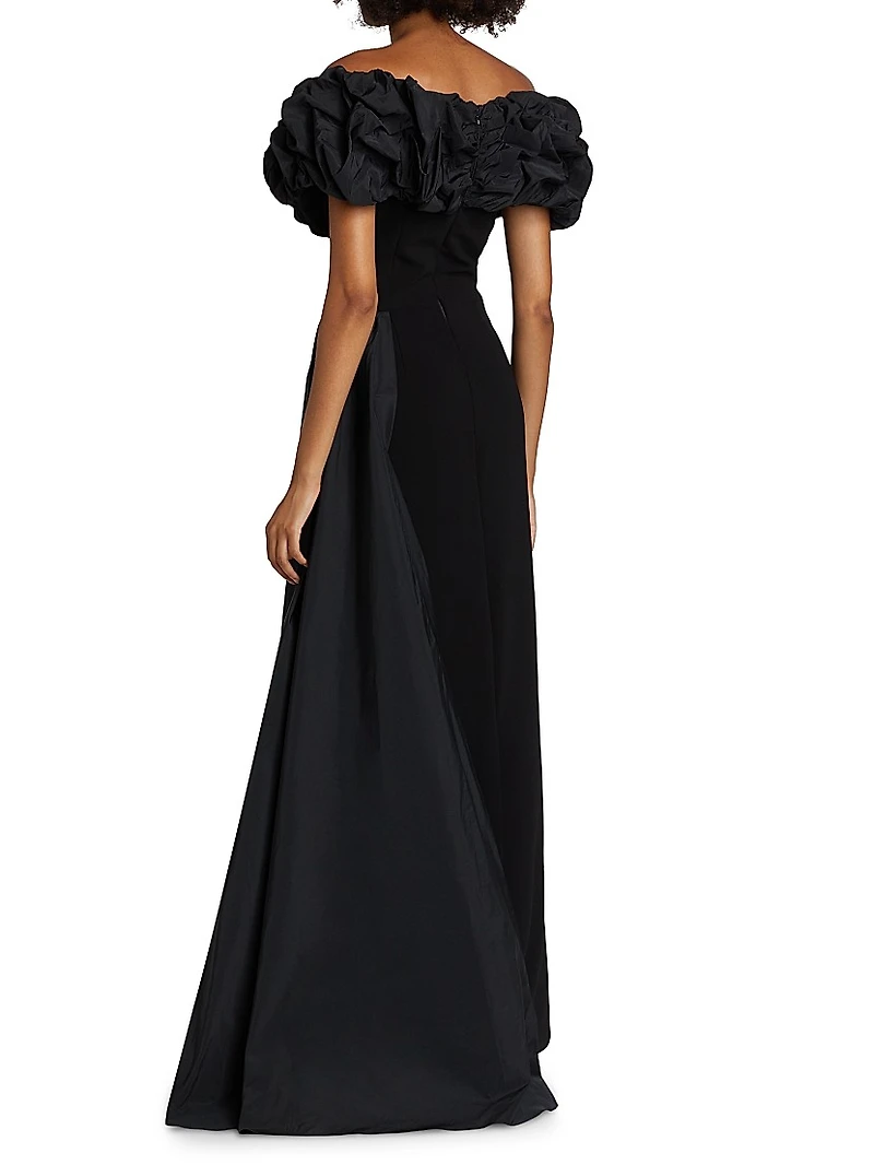 Scrunch Taffeta & Crêpe Off-the-Shoulder Gown