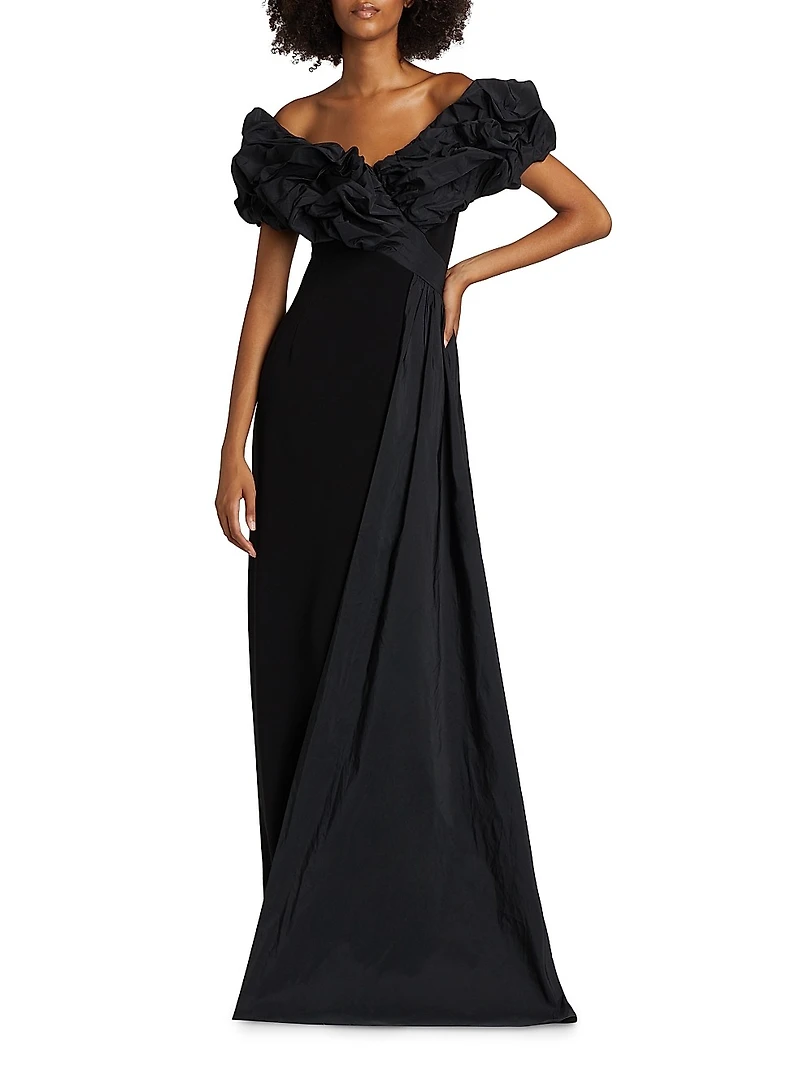 Scrunch Taffeta & Crêpe Off-the-Shoulder Gown