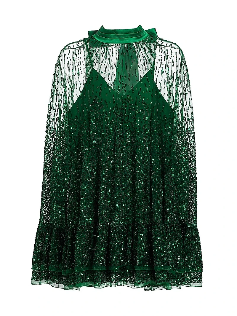 Zenon Embellished Tie-Neck Cape Minidress