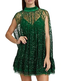 Zenon Embellished Tie-Neck Cape Minidress