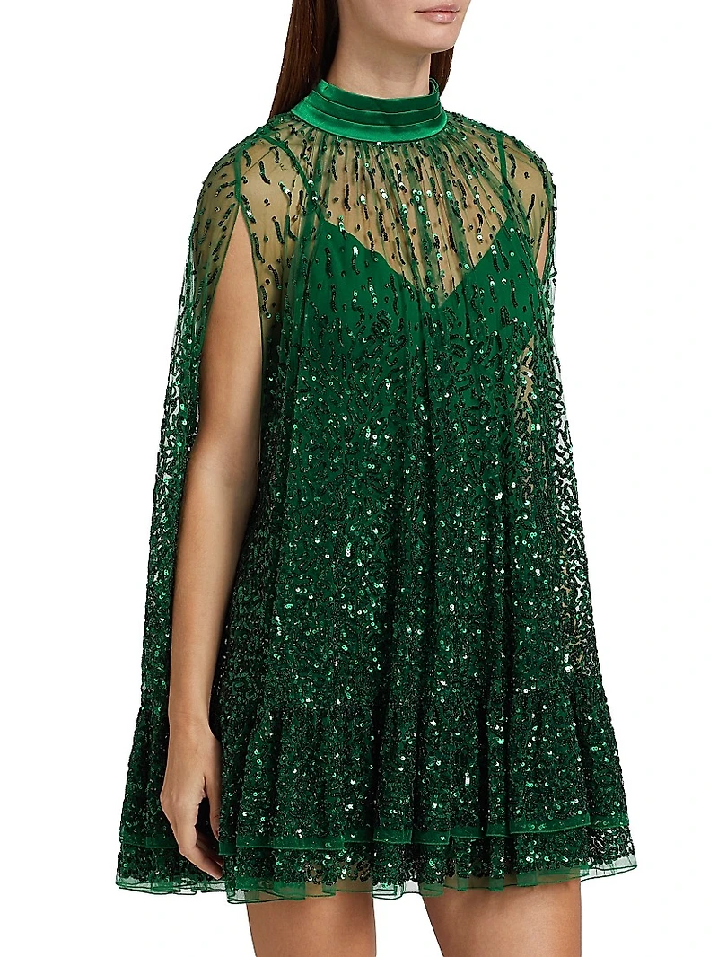 Zenon Embellished Tie-Neck Cape Minidress