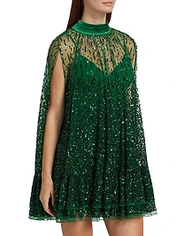 Zenon Embellished Tie-Neck Cape Minidress