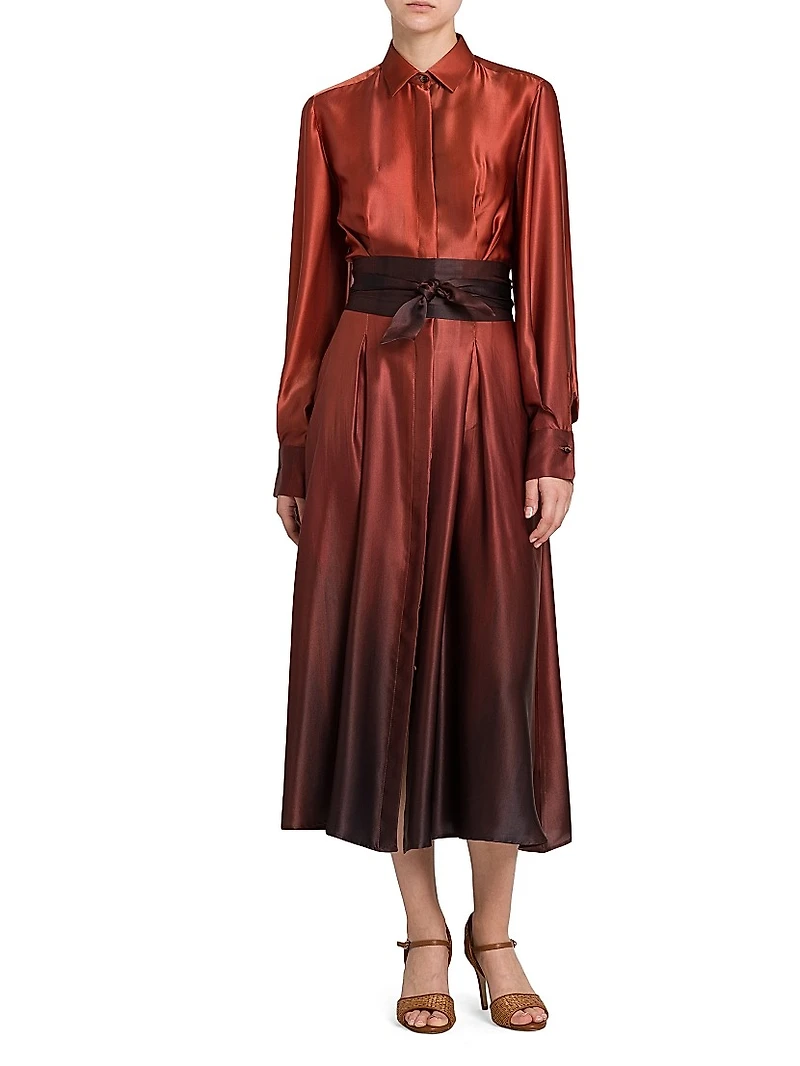 Ombré Silk Tie-Waist Shirtdress