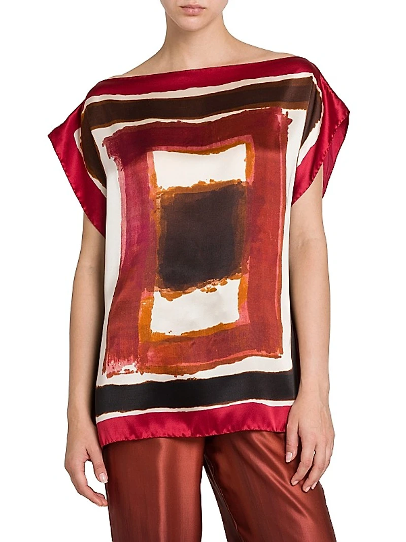 Painted Silk Cap-Sleeve Blouse