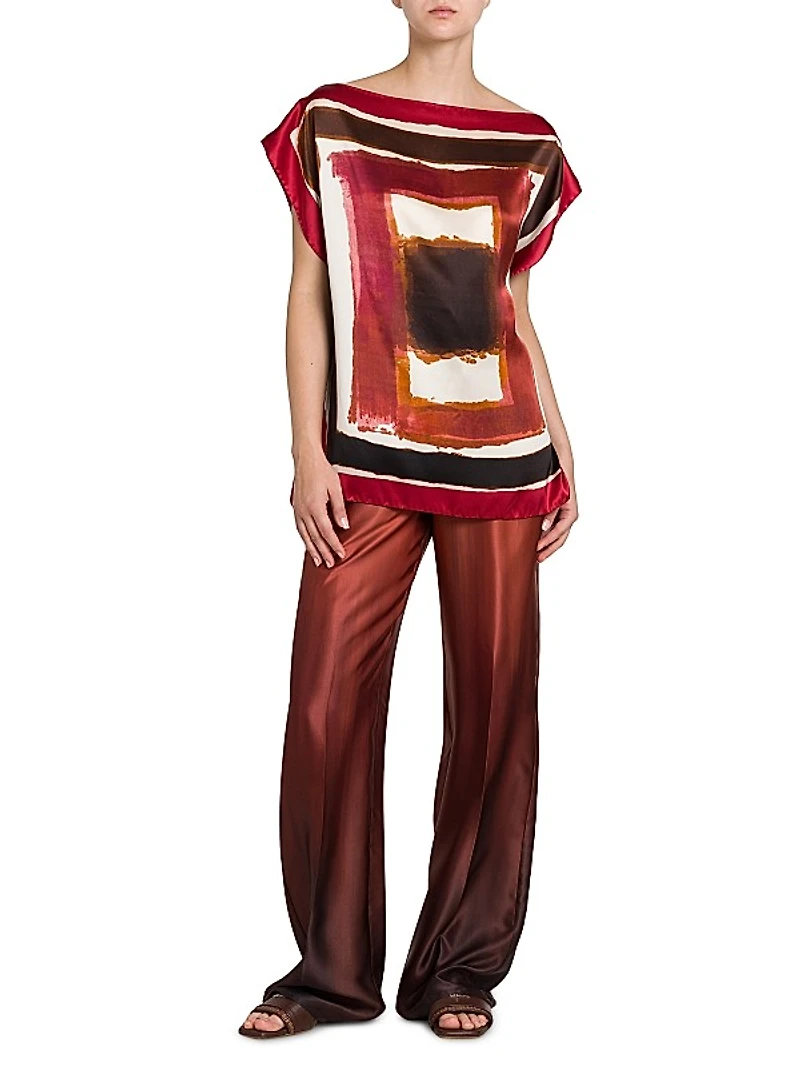 Painted Silk Cap-Sleeve Blouse
