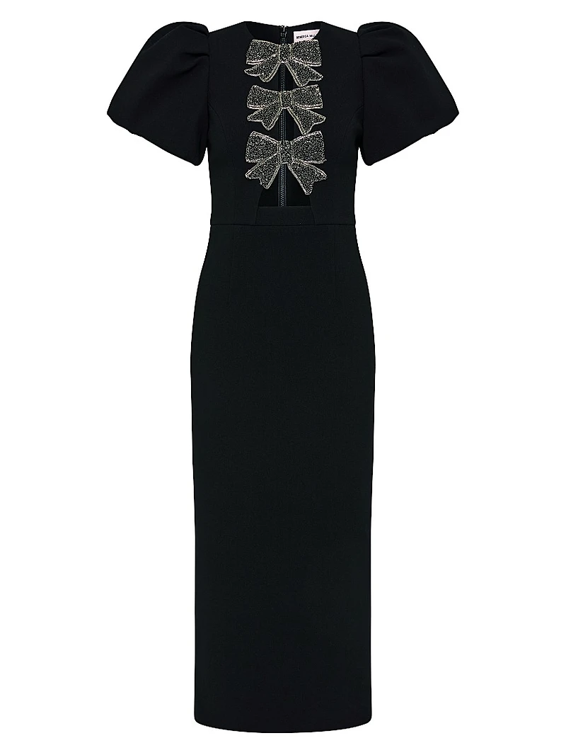 Eliana Crystal-Embellished Velvet Puff-Sleeve Midi-Dress