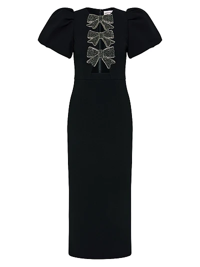 Eliana Crystal-Embellished Velvet Puff-Sleeve Midi-Dress