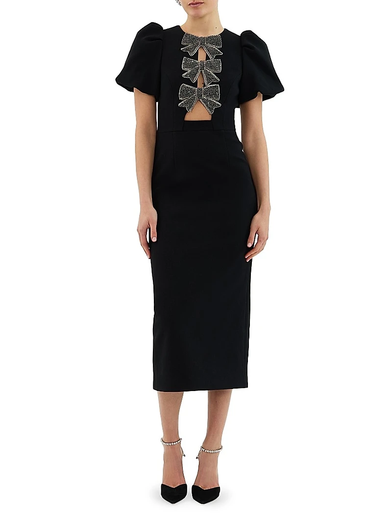 Eliana Crystal-Embellished Velvet Puff-Sleeve Midi-Dress