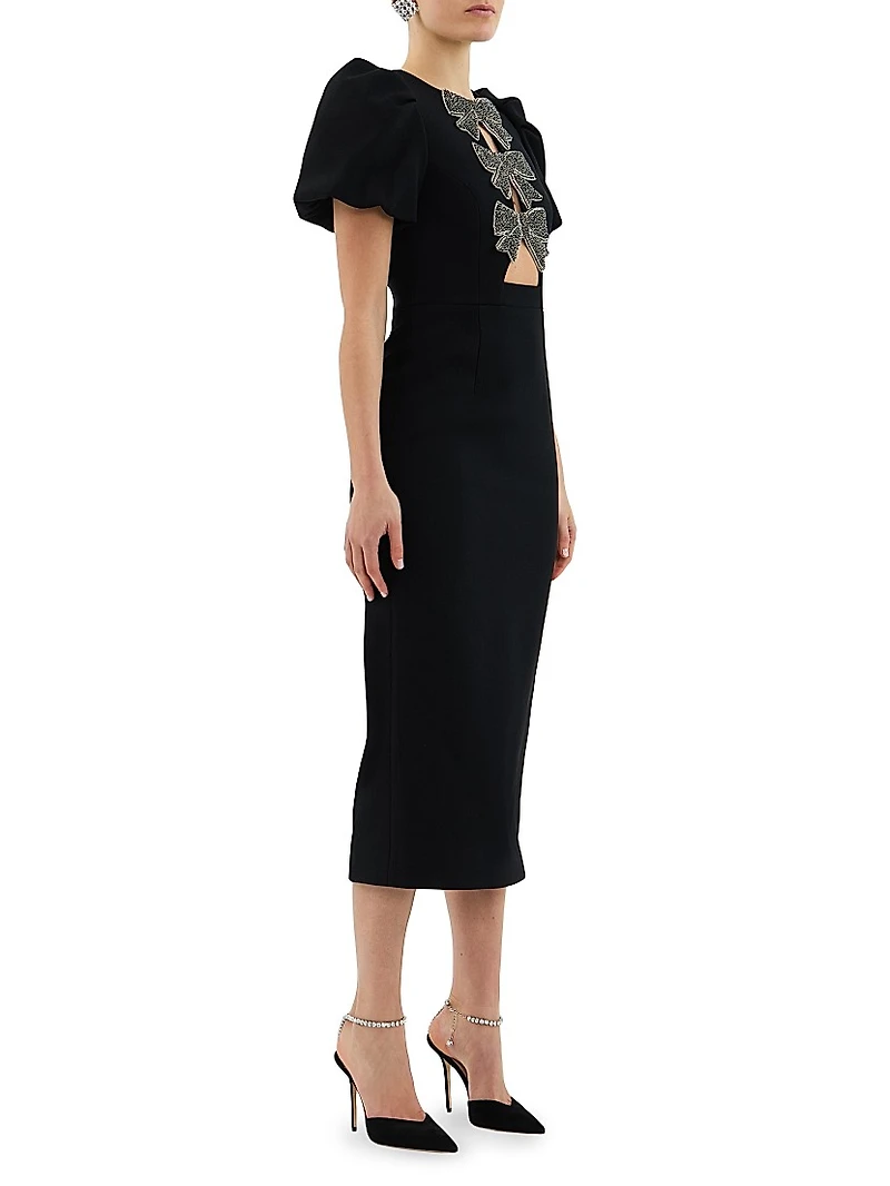 Eliana Crystal-Embellished Velvet Puff-Sleeve Midi-Dress
