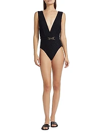 Maxine Monogram Plunge One-Piece Swimsuit