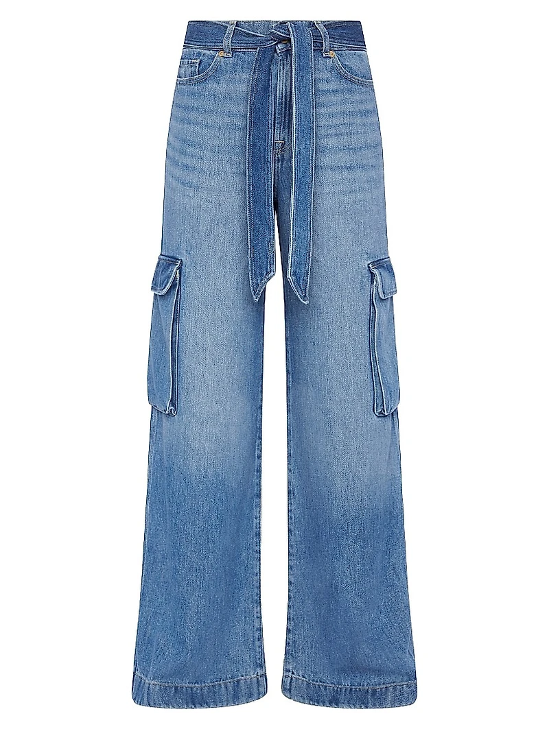 Denim Tie-Waist Cargo Palazzo Jeans