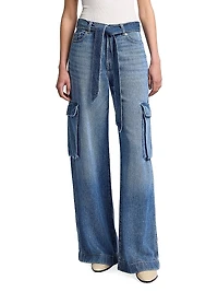 Denim Tie-Waist Cargo Palazzo Jeans