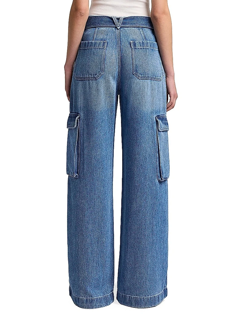 Denim Tie-Waist Cargo Palazzo Jeans