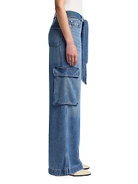 Denim Tie-Waist Cargo Palazzo Jeans