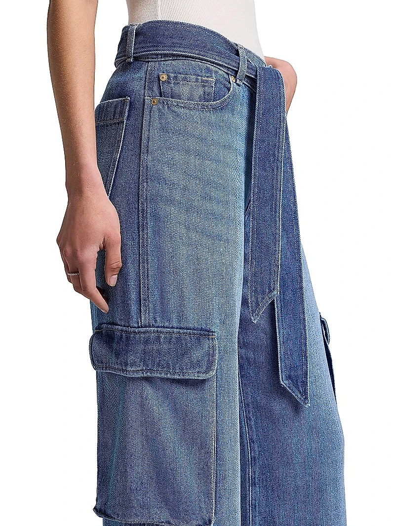 Denim Tie-Waist Cargo Palazzo Jeans