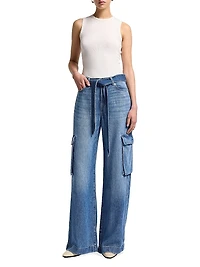 Denim Tie-Waist Cargo Palazzo Jeans