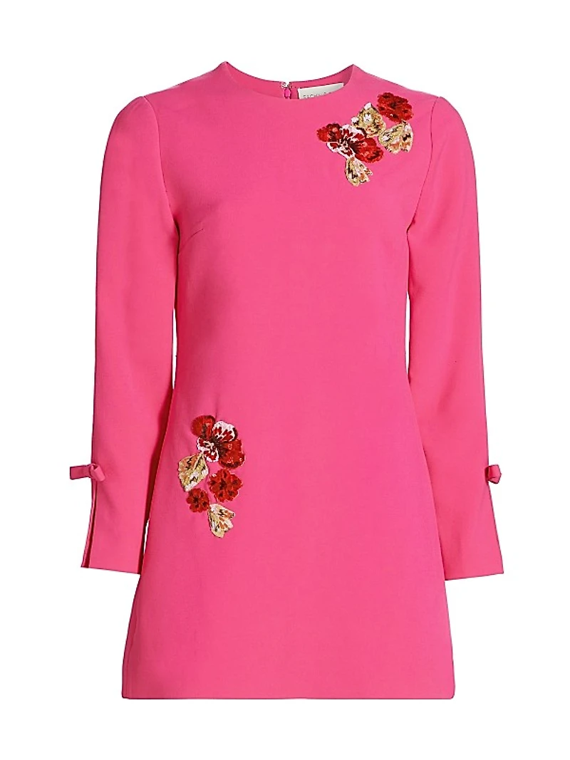 Embroidered Lily Bow-Cuff A-Line Minidress