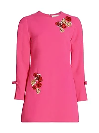 Embroidered Lily Bow-Cuff A-Line Minidress