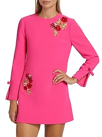 Embroidered Lily Bow-Cuff A-Line Minidress