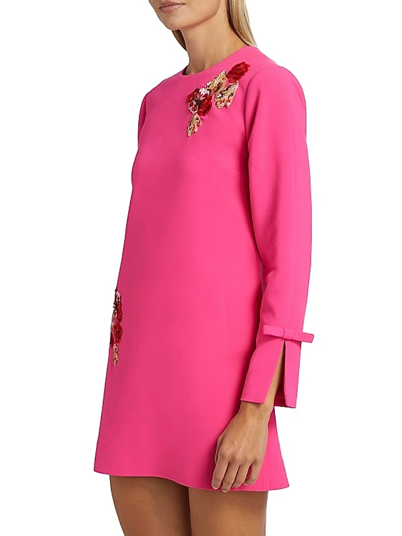 Embroidered Lily Bow-Cuff A-Line Minidress