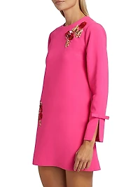 Embroidered Lily Bow-Cuff A-Line Minidress