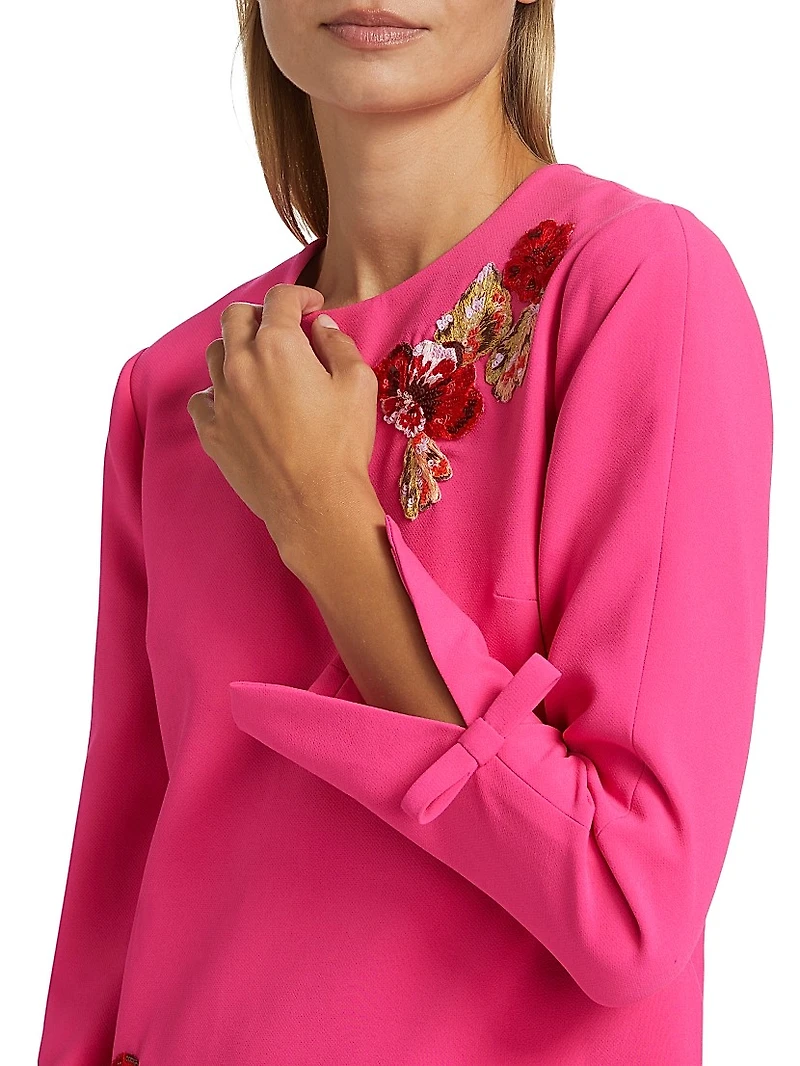 Embroidered Lily Bow-Cuff A-Line Minidress