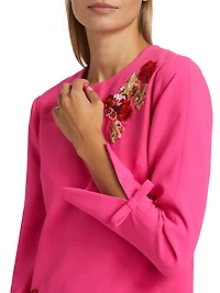 Embroidered Lily Bow-Cuff A-Line Minidress