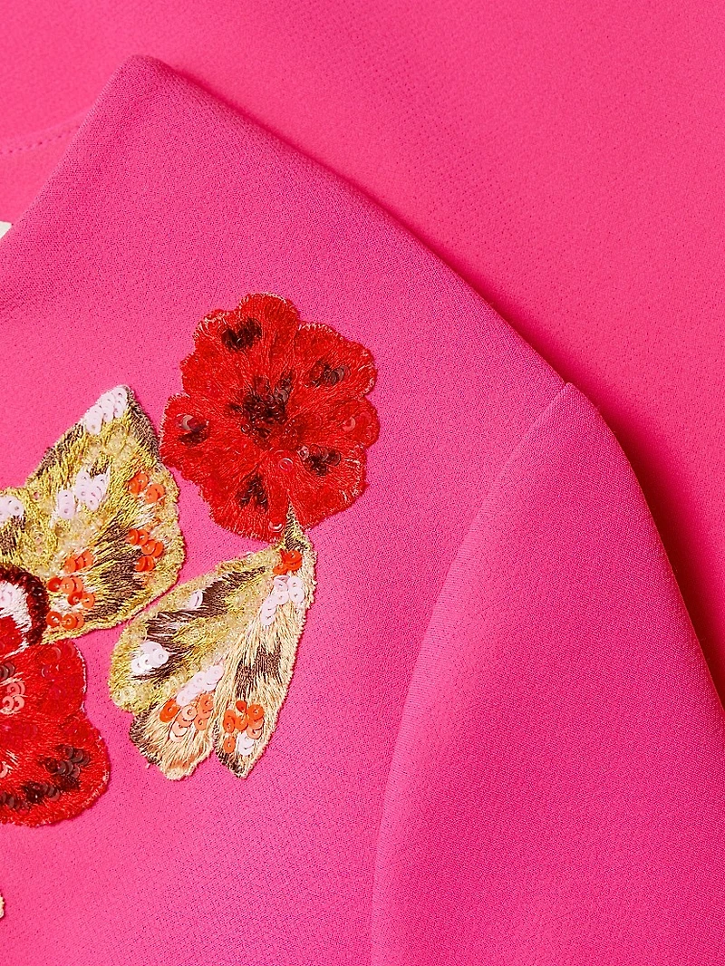 Embroidered Lily Bow-Cuff A-Line Minidress