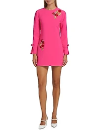 Embroidered Lily Bow-Cuff A-Line Minidress