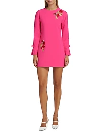 Embroidered Lily Bow-Cuff A-Line Minidress