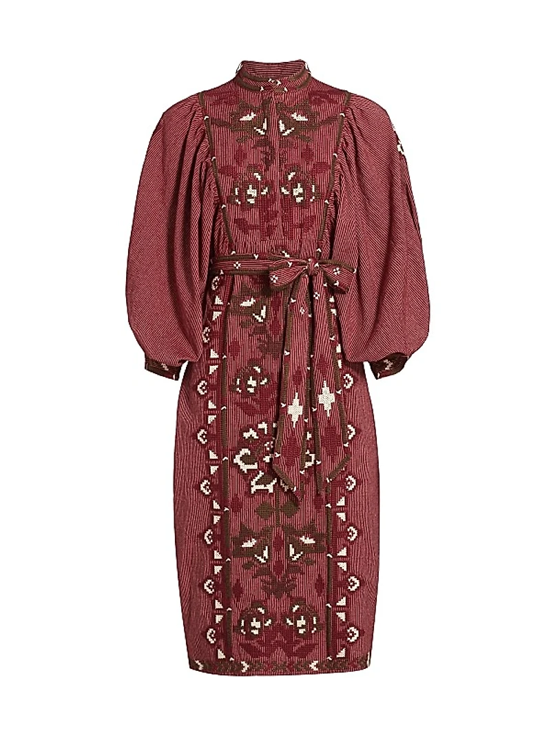 Toucans Embroidered Tie-Waist Midi-Dress