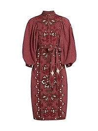 Toucans Embroidered Tie-Waist Midi-Dress