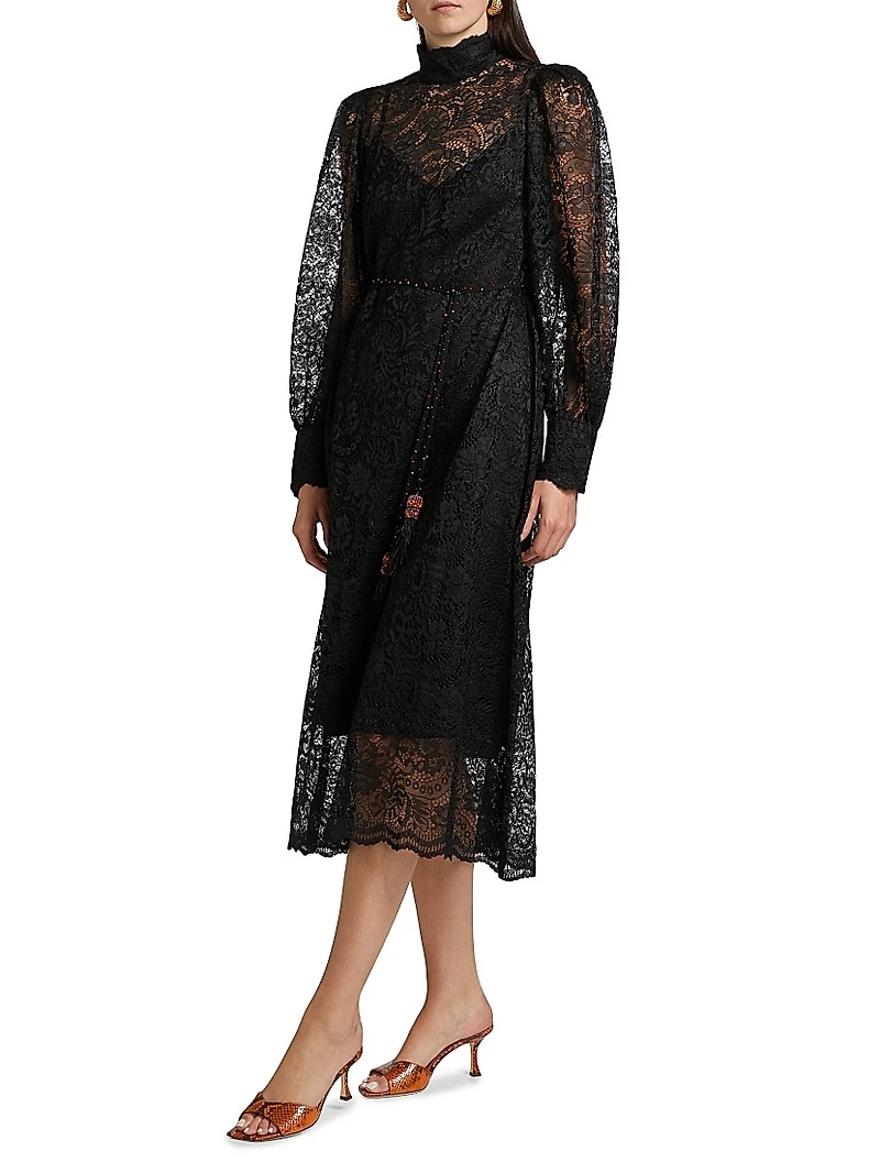 Lace Tie-Waist Midi-Dress