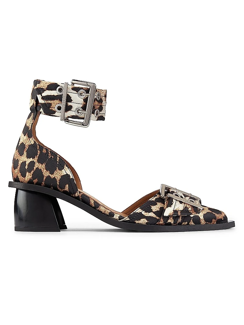 Leopard Print Satin Buckle Pumps