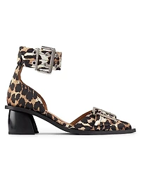 Leopard Print Satin Buckle Pumps