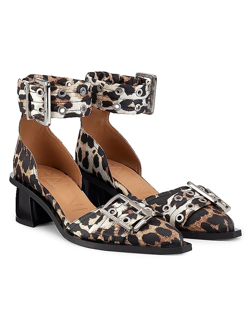 Leopard Print Satin Buckle Pumps