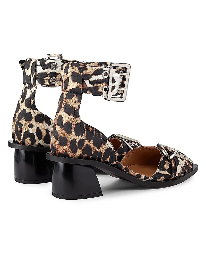 Leopard Print Satin Buckle Pumps