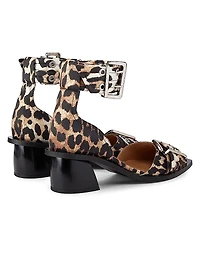 Leopard Print Satin Buckle Pumps