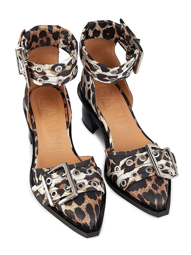 Leopard Print Satin Buckle Pumps