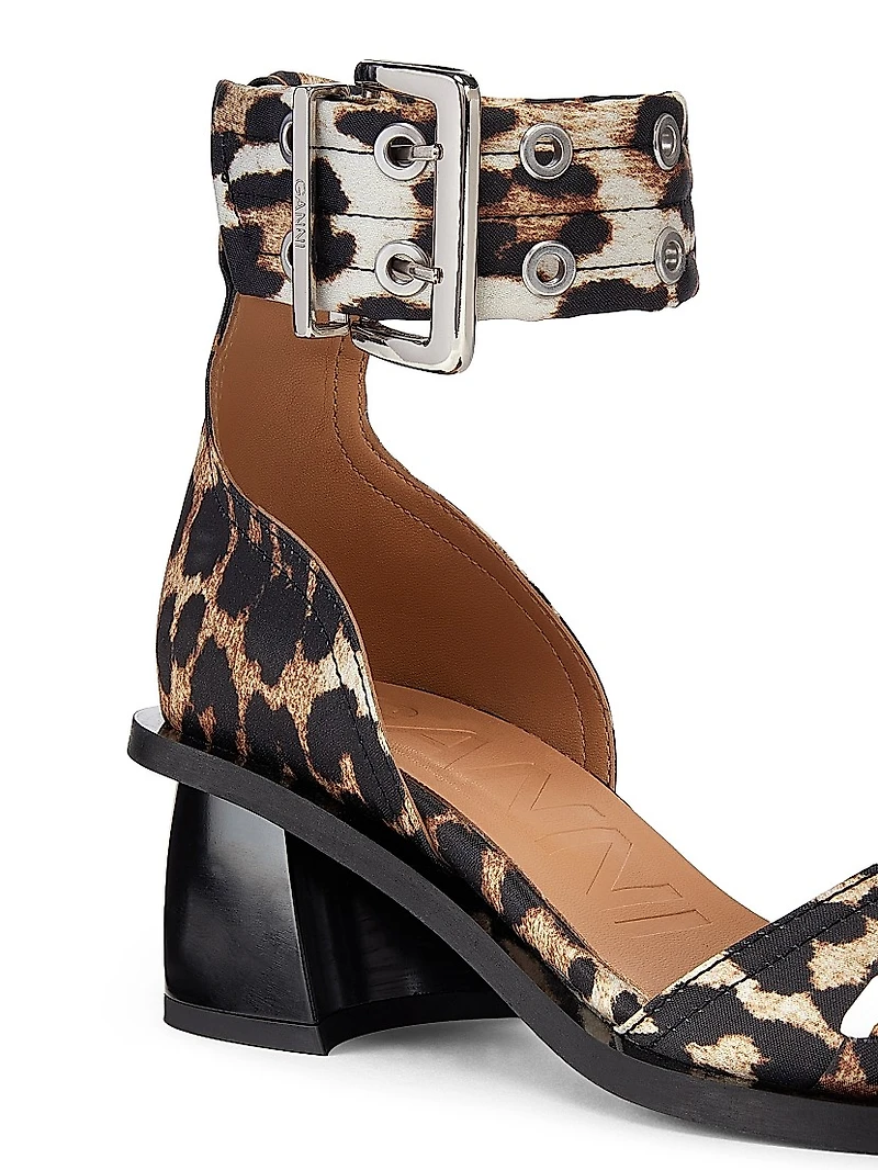 Leopard Print Satin Buckle Pumps