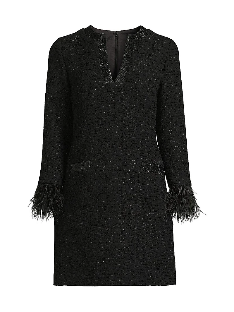 Bouclé Jacquard Feather-Cuff Cocktail Dress