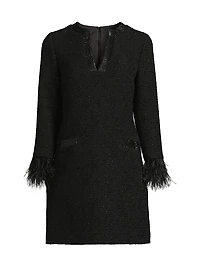 Bouclé Jacquard Feather-Cuff Cocktail Dress