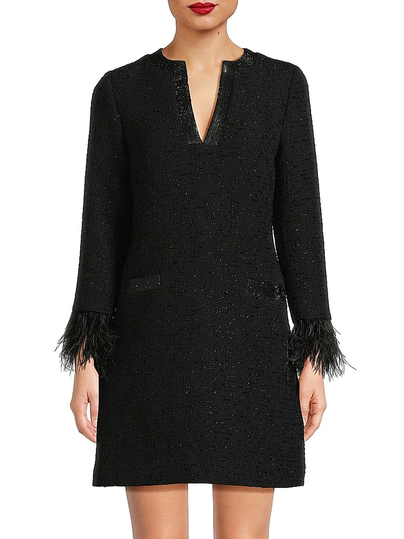 Bouclé Jacquard Feather-Cuff Cocktail Dress
