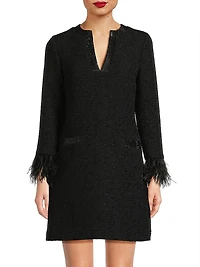 Bouclé Jacquard Feather-Cuff Cocktail Dress