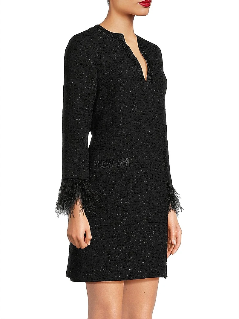 Bouclé Jacquard Feather-Cuff Cocktail Dress