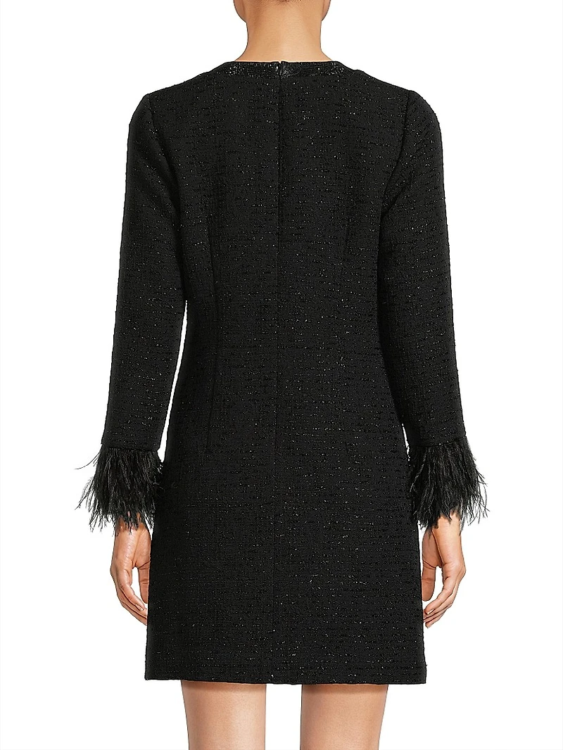 Bouclé Jacquard Feather-Cuff Cocktail Dress