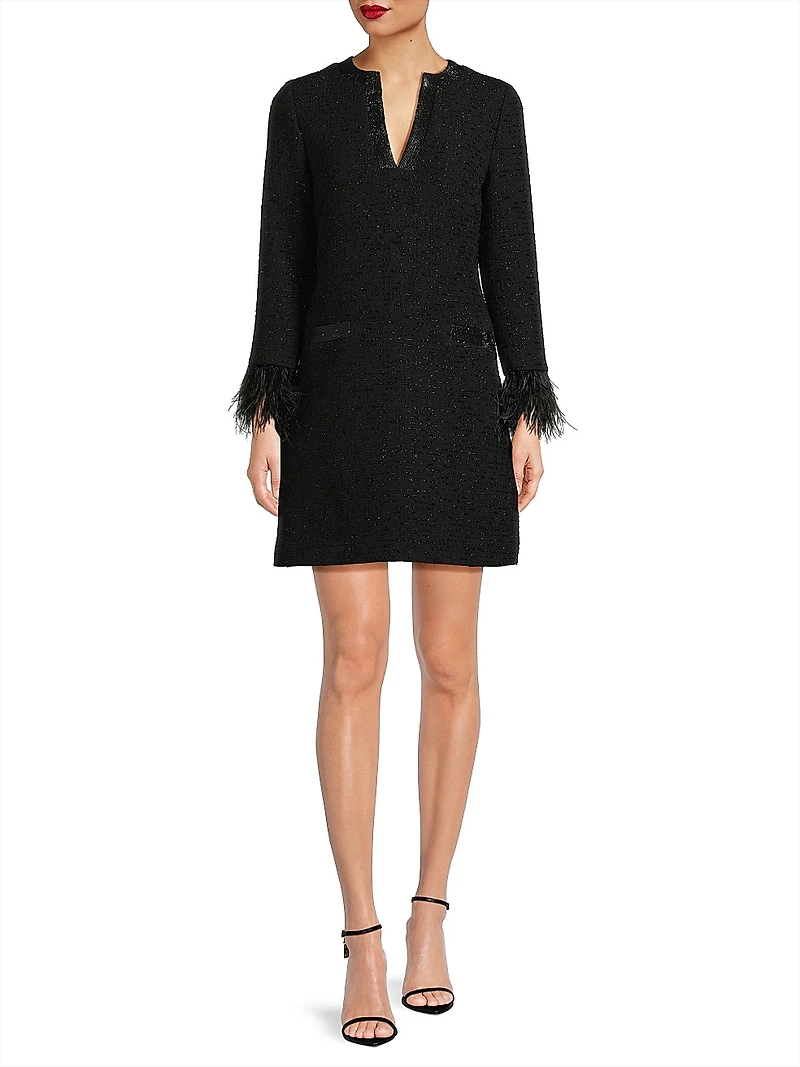 Bouclé Jacquard Feather-Cuff Cocktail Dress