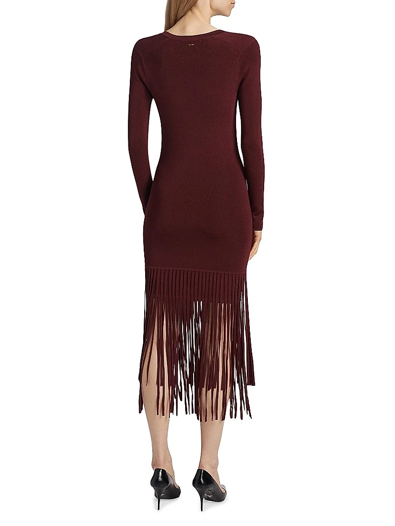 Mila Fringe Knit Long-Sleeve Midi-Dress
